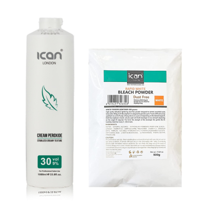 Cream Peroxide 30 Vol 9% 1000ml + White Powder Bleach 500g Combo Set