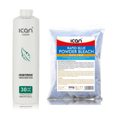Cream Peroxide 30 Vol 9% 1000ml + Dust Free Blue Powder Bleach 500g Set