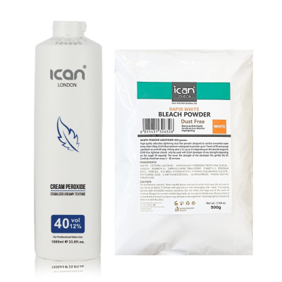 Cream Peroxide 40 Vol 12% 1000ml + White Powder Bleach 500g Combo Set